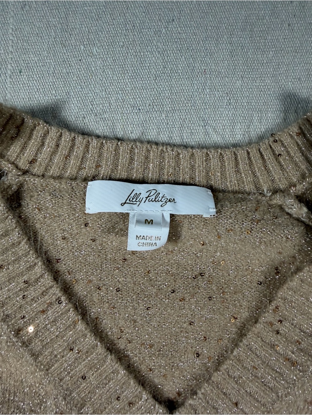 Lilly Pulitzer Tan Metallic Sequin V-Neck Sweater
